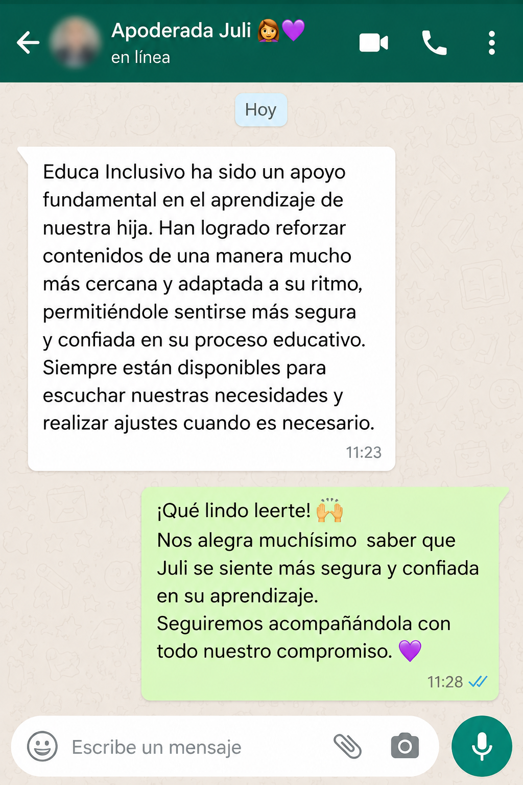 Captura de testimonio de familia sobre Educa
  Inclusivo
