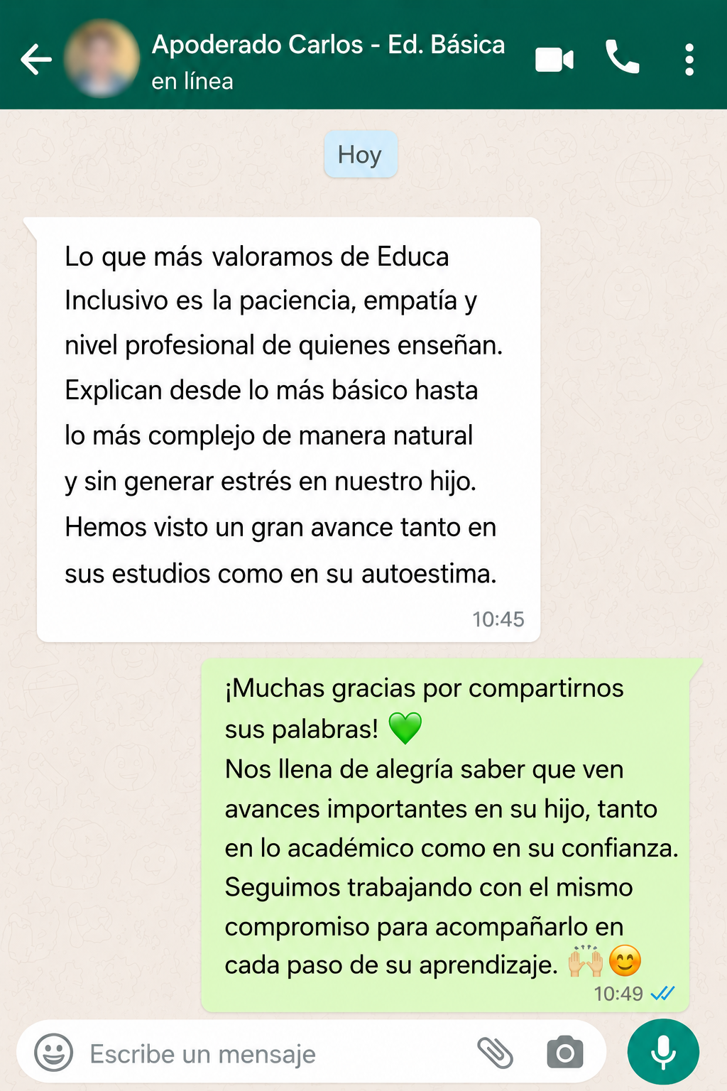 Captura de comentario de apoderado sobre
  acompañamiento educativo